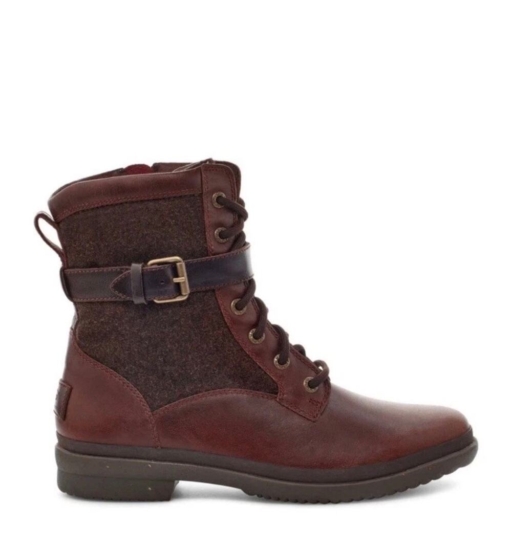 UGG Kesey Brown Leather Combat Winter Boots Lace Zip Size 8 GS